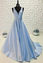 Load image into Gallery viewer, Light Blue Long Satin V-neck Dresses-alinanova