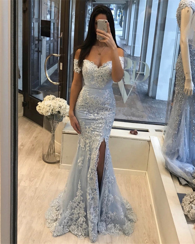 Off The Shoulder Lace Mermaid Prom Dresses With Slit Off The Shoulder Lace Mermaid Prom Dresses With Slit