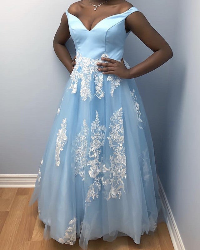 Light Blue Plus Size Prom Dresses Tulle Off Shoulder Appliques alinanova Light Blue Plus Size Prom Dresses Tulle Off Shoulder Appliques alinanova