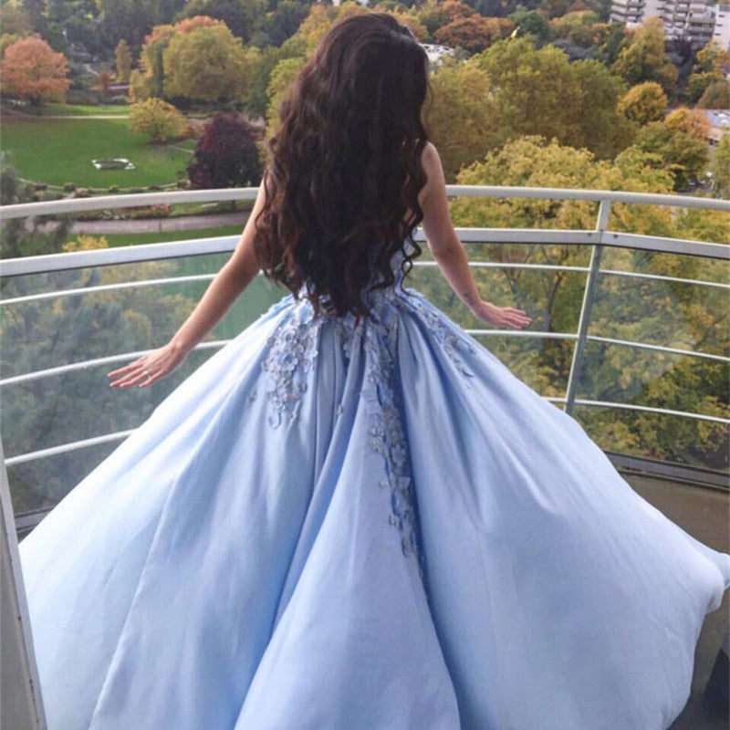Light Blue Satin Ball Gowns Wedding Dresses With 3D Lace Flower Sweeth –  alinanova