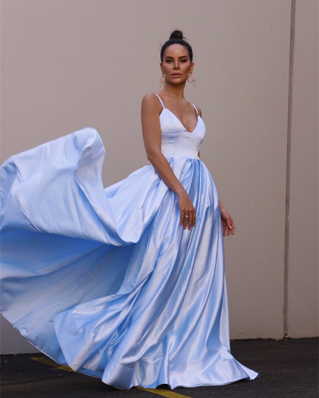 Light Blue Satin Prom Dresses V-neck Spaghetti Straps Light Blue Satin Prom Dresses V-neck Spaghetti Straps