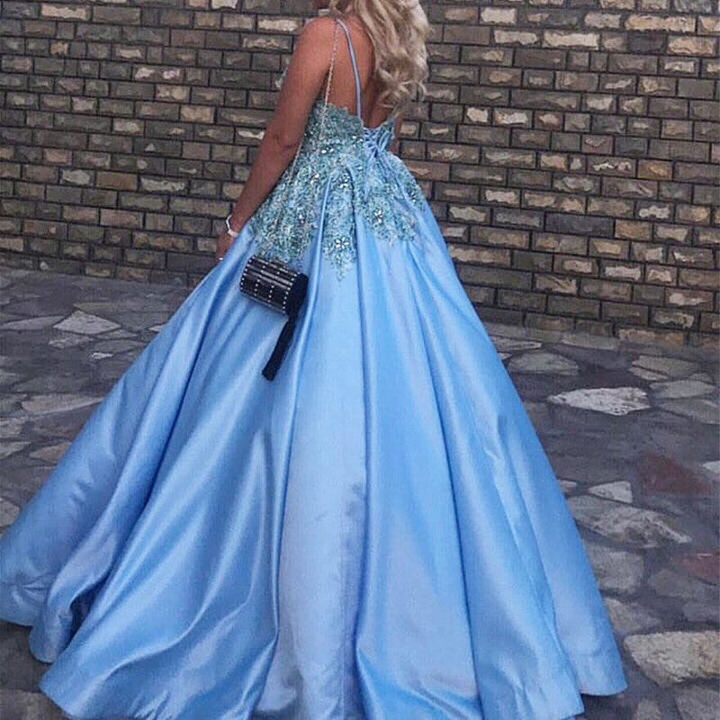Light Blue Satin V Neck Ball Gowns Wedding Dresses For Bride – alinanova Light Blue Satin V Neck Ball Gowns Wedding Dresses For Bride – alinanova