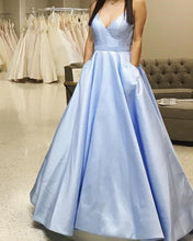 Load image into Gallery viewer, Long-Satin-Light-Blue-Prom-Gowns-2019-Women's-V-neck-Formal-Dresses