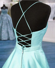 Load image into Gallery viewer, Light Blue Satin V-neck Cross Back Prom Dresses