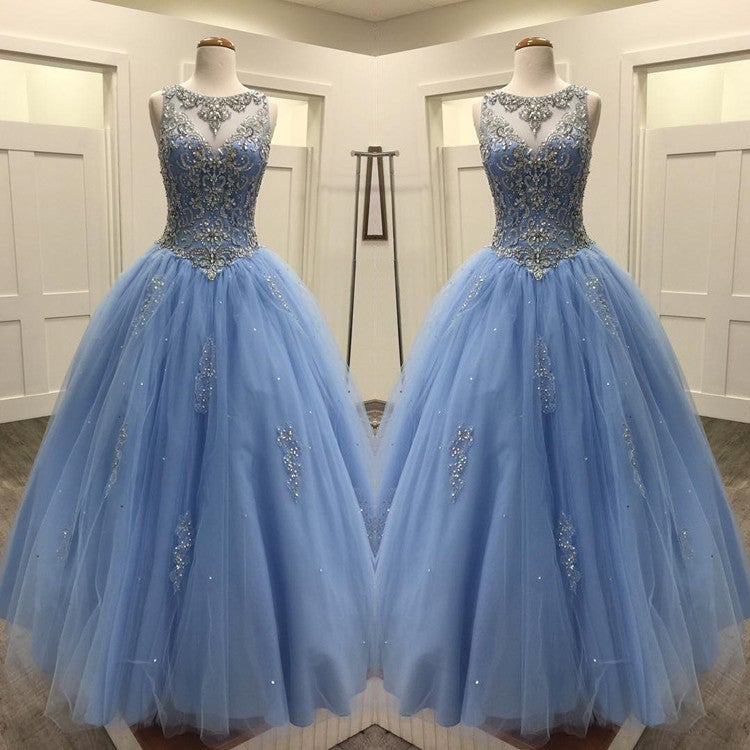 Light Blue Tulle Ball Gowns Quinceanera Dresses Crystal Beaded – alinanova