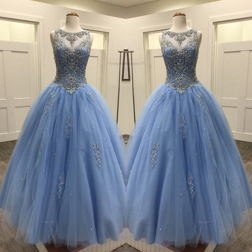 Light Blue Tulle Ball Gowns Quinceanera Dresses Crystal Beaded-alinanova