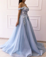 Load image into Gallery viewer, Light Blue Prom Dresses Tulle Off Shoulder