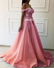 Load image into Gallery viewer, Peach Long Tulle Prom Dresses 2020