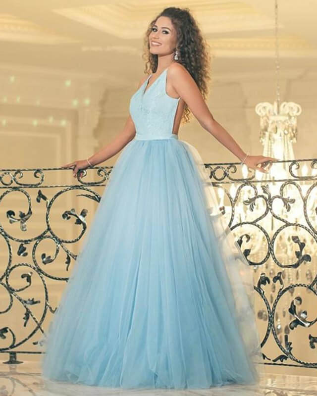 tulle dress with plunge neckline and open back Low V-Neck Backless Long A-Line Prom Dress Blush / Medium