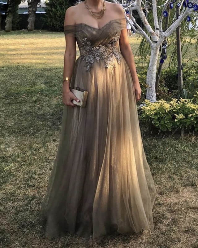 Light Brown Appliques Tulle Prom Dresses Light Brown Appliques Tulle Prom Dresses