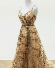 Load image into Gallery viewer, Light Gold Sequin Pattern Prom Dresses V Neck Split
