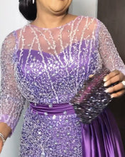 Load image into Gallery viewer, Light Purple Mermaid Beaded Satin Prom Dresses