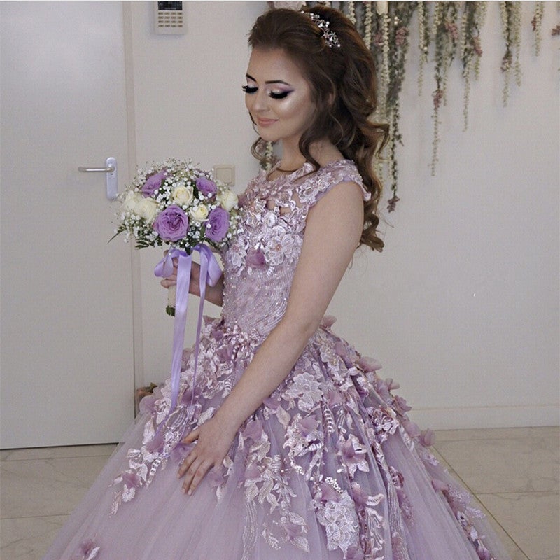 Lilac Tulle Cap Sleeves Wedding Dresses with Floral Flowers
