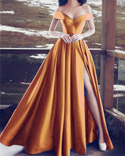 Load image into Gallery viewer, Gold-Evening-Dresses-Long-Satin-Off-Shoulder-Prom-Dress-With-Slit