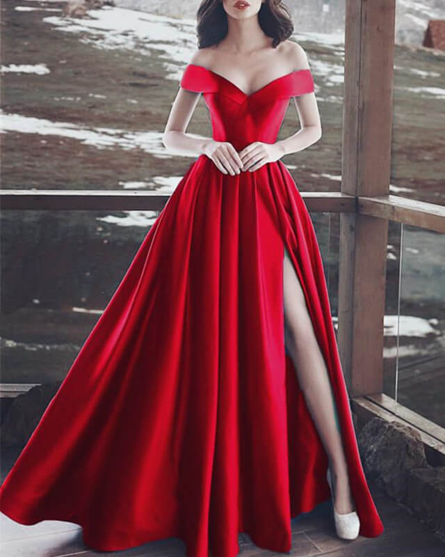Ball Gown Off Shoulder Aline Dress Long A-line Satin Prom Dresses