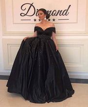 Load image into Gallery viewer, Long Black Satin Beaded Ball Gowns Prom Dresses Off The Shoulder