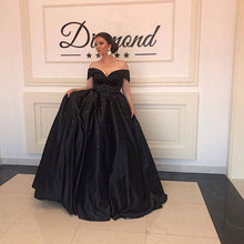 Load image into Gallery viewer, Long Black Satin Beaded Ball Gowns Prom Dresses Off The Shoulder-alinanova