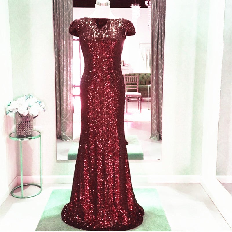 Long Burgundy Sequins Dropped Back Mermaid Bridesmaid Dresses