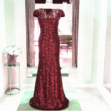Load image into Gallery viewer, Long Burgundy Sequins Dropped Back Mermaid Bridesmaid Dresses-alinanova