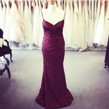 Load image into Gallery viewer, Long Burgundy Sequins V Neck Mermaid Bridesmaid Dresses