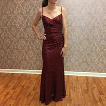 Load image into Gallery viewer, Long Burgundy Sequins V Neck Mermaid Bridesmaid Dresses