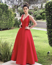 Load image into Gallery viewer, Long Cheap Red Satin V-neck Bridesmaid Dresses-alinanova