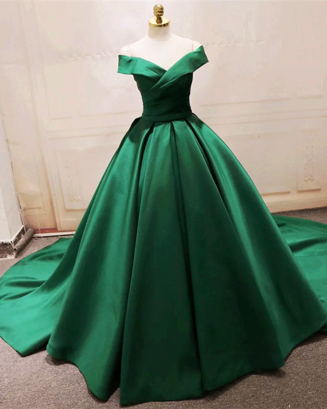 Long Green Satin V-neck Ball Gowns Prom Dresses Off The Shoulder Long Green Satin V-neck Ball Gowns Prom Dresses Off The Shoulder