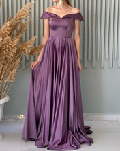 Load image into Gallery viewer, Mauve Off The Shoulder Satin Prom Dresses