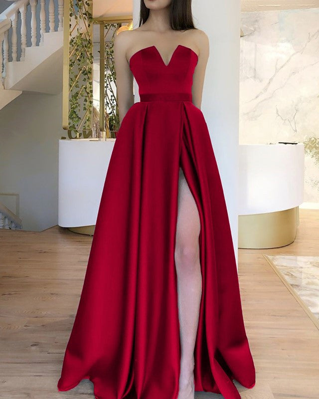 strapless open back dress Red Two Piece Prom Dress,Satin Floor Length Evening Dress,Prom Dress with Slit PD00078, US6 / Royal Blue main image 0
