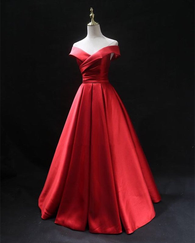 prom dresses satin red Long Red Satin Prom Dresses Off The Shoulder Evening Gowns