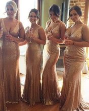 Load image into Gallery viewer, Long Rose Gold V-neck Empire Waist Mermaid Sequined Bridesmaid Dresses
