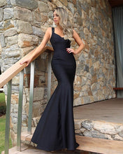 Load image into Gallery viewer, Long Satin Empire Waistline V-neck Mermaid Prom Dresses-alinanova