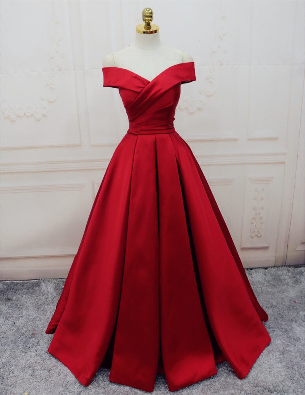 off the shoulder red dress formal Long Satin Off The Shoulder Formal Dresses