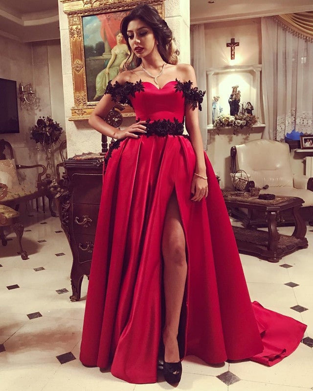Long Satin Split Prom Dresses Black Lace Off The Shoulder Long Satin Split Prom Dresses Black Lace Off The Shoulder