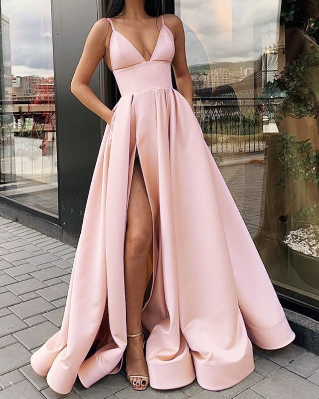 Long Satin Split Prom Dresses With Pockets Long Satin Split Prom Dresses With Pockets