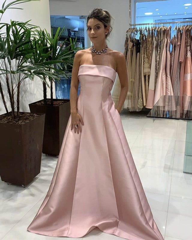 strapless open back dress Long Satin Strapless Prom Dresses with Pockets