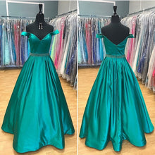 Load image into Gallery viewer, Long Satin V Neck Off Shoulder Prom Dresses Ball Gowns Beaded Sashes