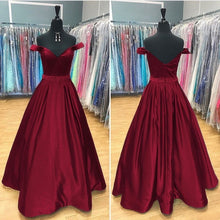 Load image into Gallery viewer, Long Satin V Neck Off Shoulder Prom Dresses Ball Gowns Beaded Sashes-alinanova