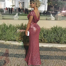 Load image into Gallery viewer, Long Sequin Cap Sleeves Draped Back Mermaid Bridesmaid Dresses-alinanova