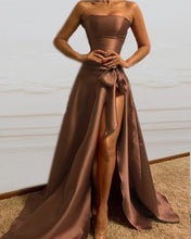 Load image into Gallery viewer, Long Sexy Strapless Prom Dresses Satin Side Slit