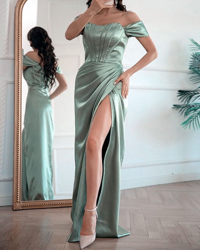 blue dress for baby girl Long Sheath Sage Satin Bridesmaid Dress