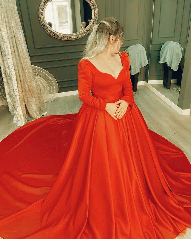 Long Sleeve Orange Satin V-Neck Ball Gown Dresses