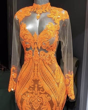 Load image into Gallery viewer, Black Girl Sequin Orange Prom Dresses