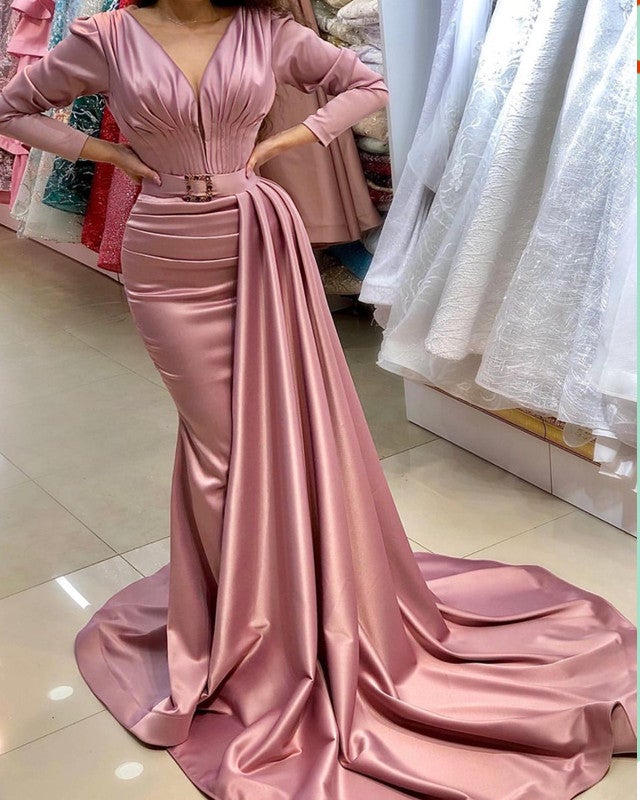 Long Sleeve Pink Mermaid Prom Dresses Satin Long Sleeve Pink Mermaid Prom Dresses Satin