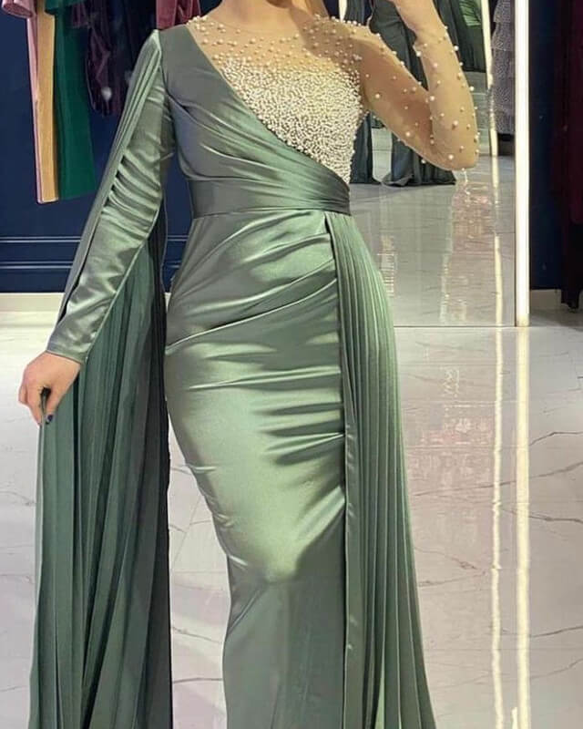 sage green satin dress long sleeve Sage green silk Long dress - Long sleeve satin gown