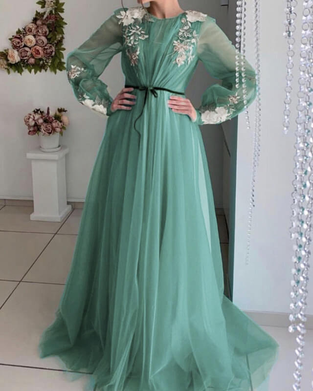 Long Sleeve Tulle Prom Dresses Lace Embroidery Long Sleeve Tulle Prom Dresses Lace Embroidery