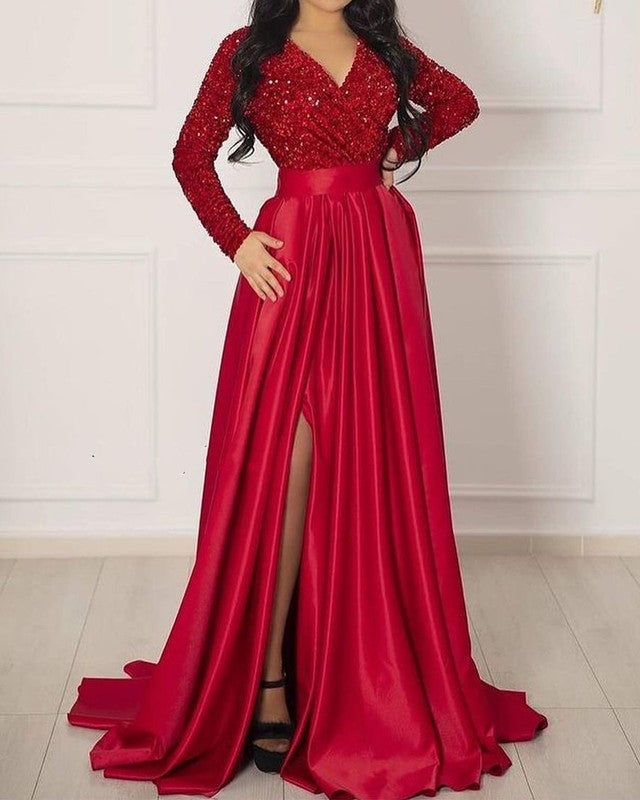Long Sleeve Sequin V Neck Satin Dress Split