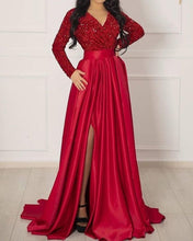 Load image into Gallery viewer, Long Sleeve Red Satin Prom Dress