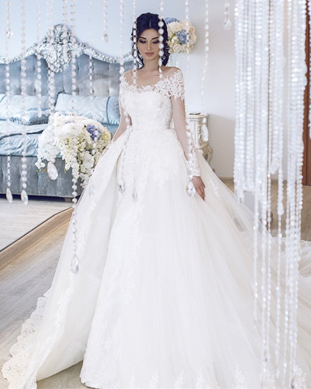 Long Sleeves Lace Mermaid Wedding Dresses Removable Skirt Long Sleeves Lace Mermaid Wedding Dresses Removable Skirt