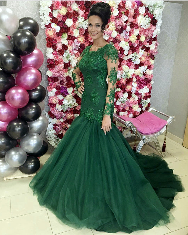 Lace Long Sleeves Mermaid Prom Dresses Tulle Evening Gowns Lace Long Sleeves Mermaid Prom Dresses Tulle Evening Gowns